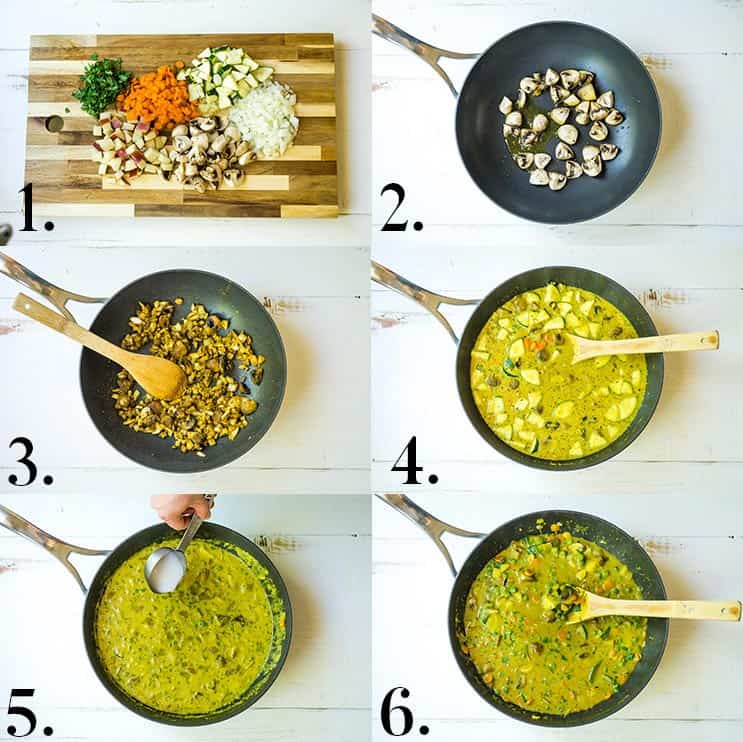 Collage of pictures showing how to make vegetable curry