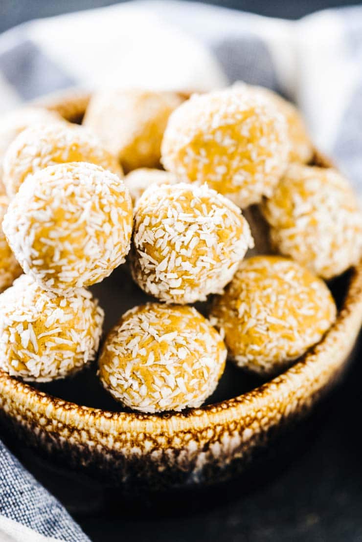 Peanut Butter Protein Balls in a brown bowl