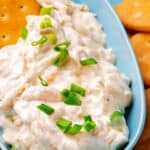 Sour Cream Onion Dip with green onions on top in a blue dish