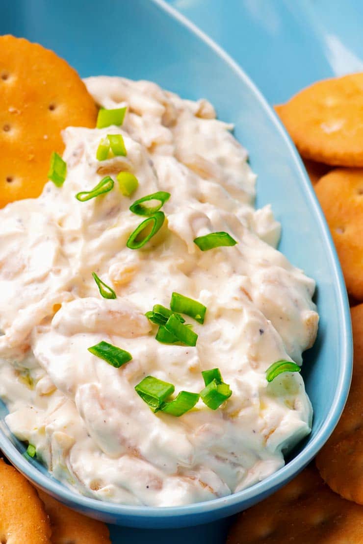 Sour Cream Onion Dip with green onions on top in a blue dish