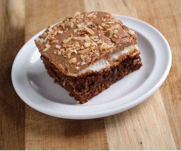 Mississippi Mud Brownies with Coconut on top on a white plate