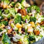 Cold Broccoli Salad with bacon, cheese, currants, sunflower seeds and a sweet dressing