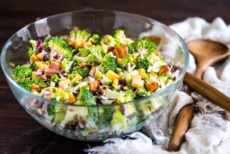 Broccoli Salad with a sweet dressing in a glass bowl