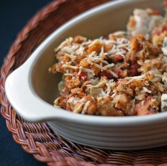 Bruschetta Chicken Bake in a ceramic dish