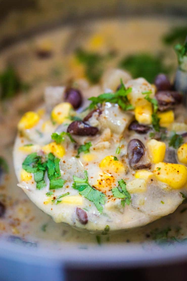 close up picture of potato corn chowder with black beans and cilantro