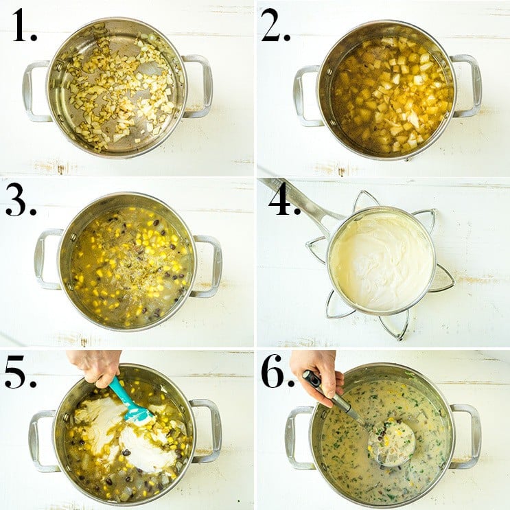 Step-by-step collage of how to make southwest potato corn chowder