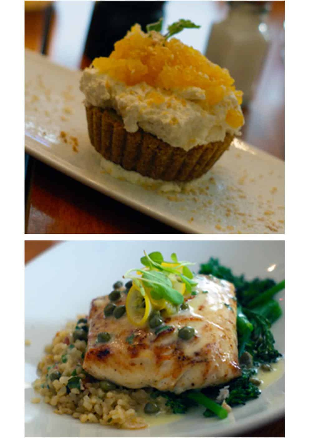 Coconut cream pie with pineapple compote on white dish and whitefish with caper sauce