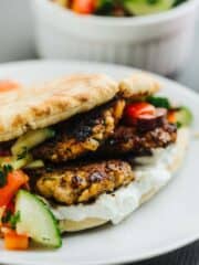 Greek Style Turkey Burgers with cucumber relish and whipped feta cheese spread