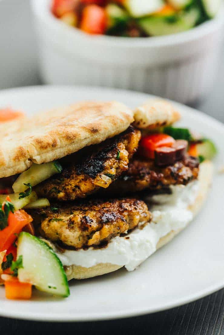 Greek Style Turkey Burgers with cucumber relish and whipped feta cheese spread