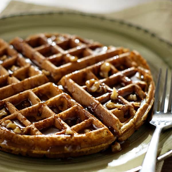 Pumpkin Waffles w/ Praline Pecan Syrup