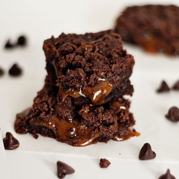 Cake Mix Brownies with Caramel Center on a white table