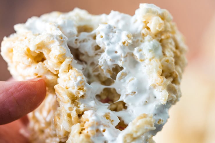 Rice Crispy treat with fluff being pulled apart