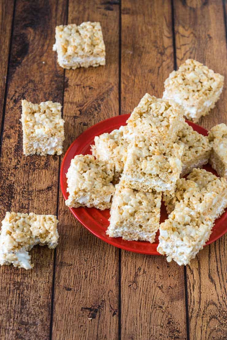 My favorite rice crispy treat recipe served on a red plate