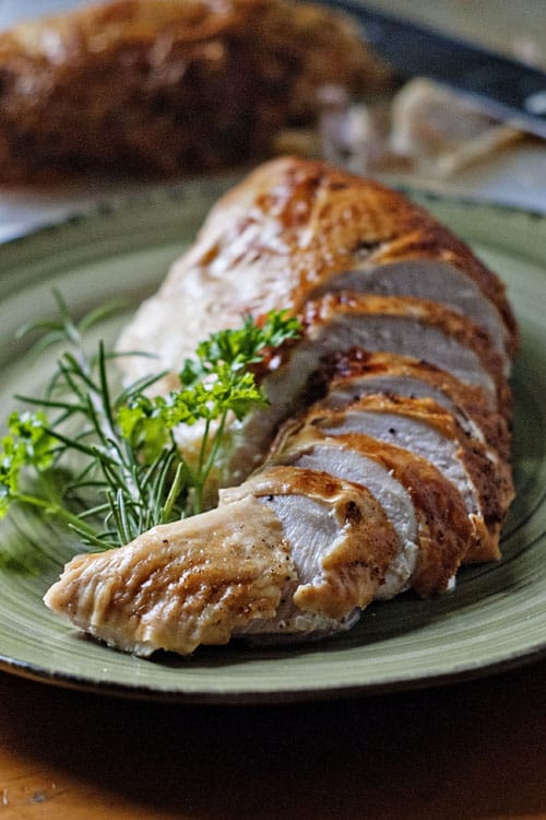 The moistest, most tender turkey breast, EVER! If a whole turkey is too much for you and you won't miss the dark meat, just buy a turkey breast! It's much easier to handle, cooks quicker and allows you to cook the breast to tender, moist perfection! This recipe uses a flavorful brine to hydrate the meat and plump up those cells so they retain all the moisture during roasting. And don't worry, you can still make gravy from the drippings! The best!