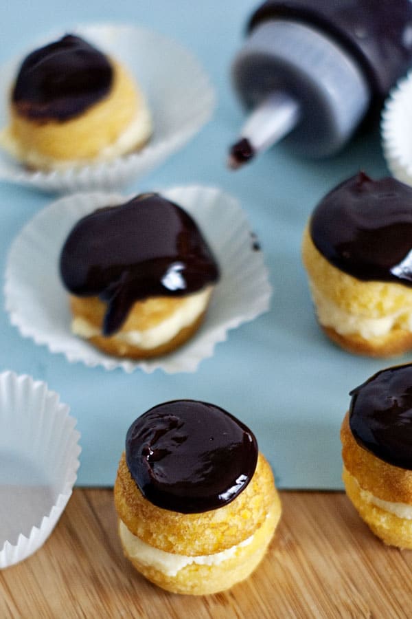 Bite-sited Boston cream pie 