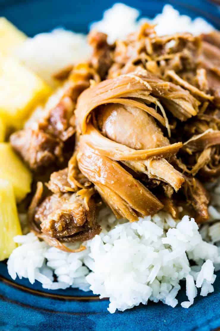 Hawaiian Shoyu Chicken on a blue plate with rice