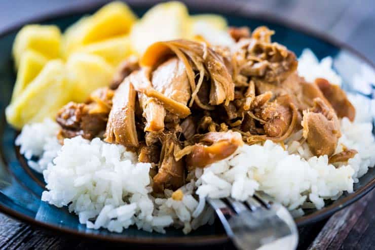 shoyu chicken on white rice and pineapple