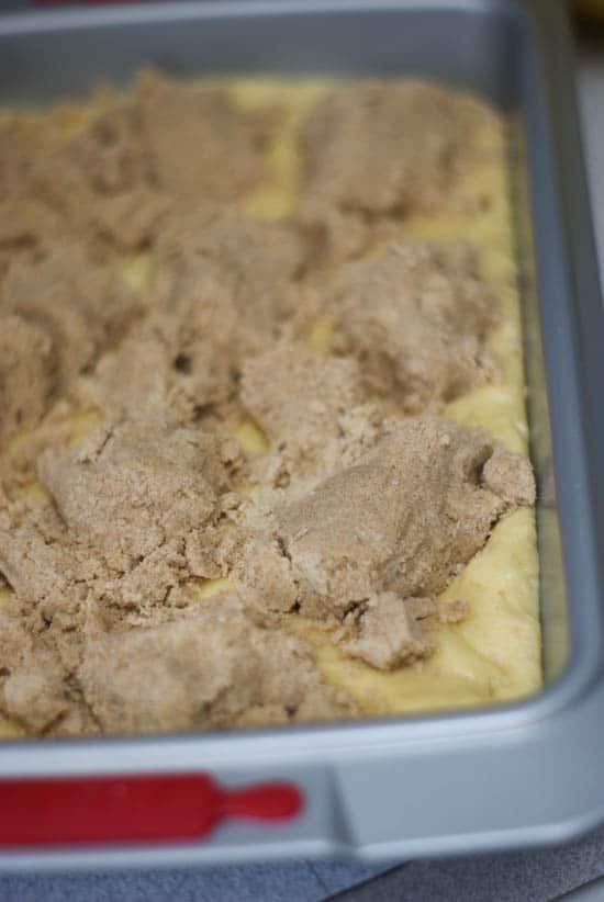 Putting crumbs on German Crumb Cake dough in a cake pan.