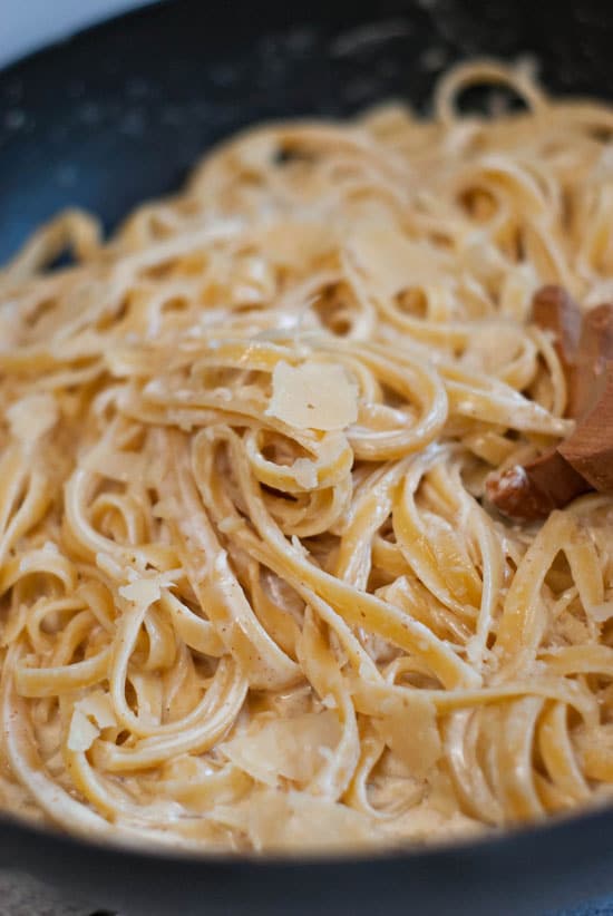 Brown Butter fettuccine Alfredo noodles in a large skillet.