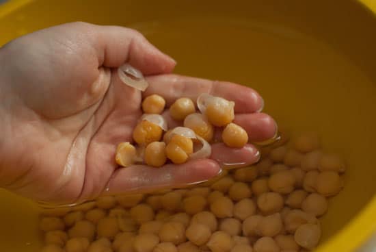 Peeling chickpeas in a large yellow bowl.