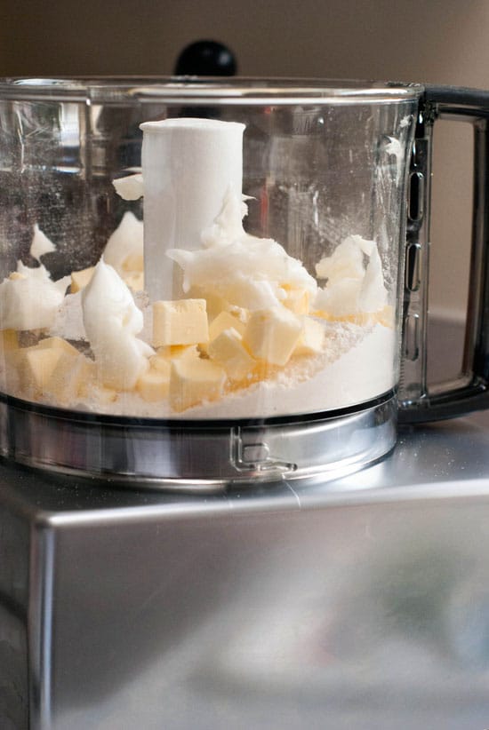 Butter and cold shortening in a food processor.