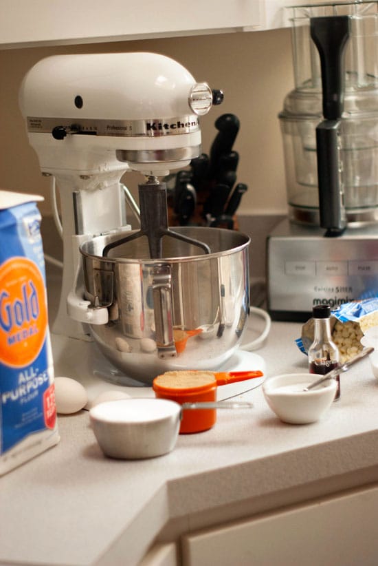 White Chocolate Macadamia Nut Cookies ingredients next to an electric mixer.