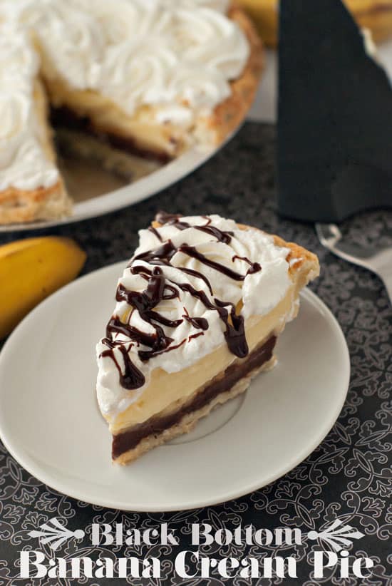 Delicious Black Bottom Banana Cream Pie in a small white plate.