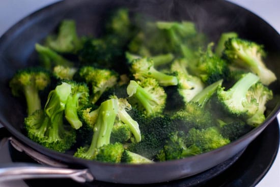Fresh broccoli in a large skillet 