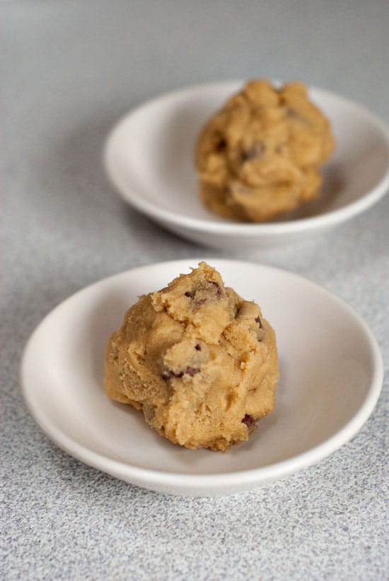 Chocolate chip cookie dough ready for the microwave