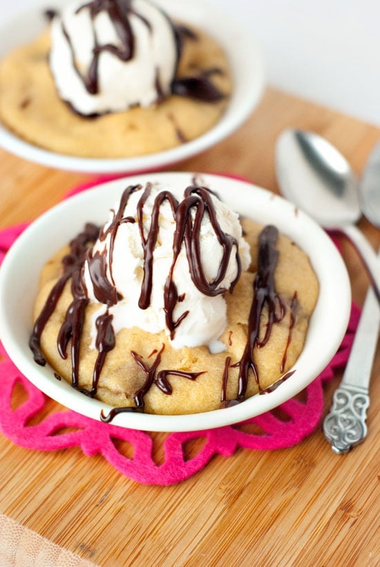 Chocolate Chip Pizookie Recipe with ice cream and hot fudge