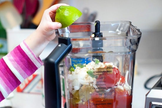 Delicious Salsa ingredients in a blender.