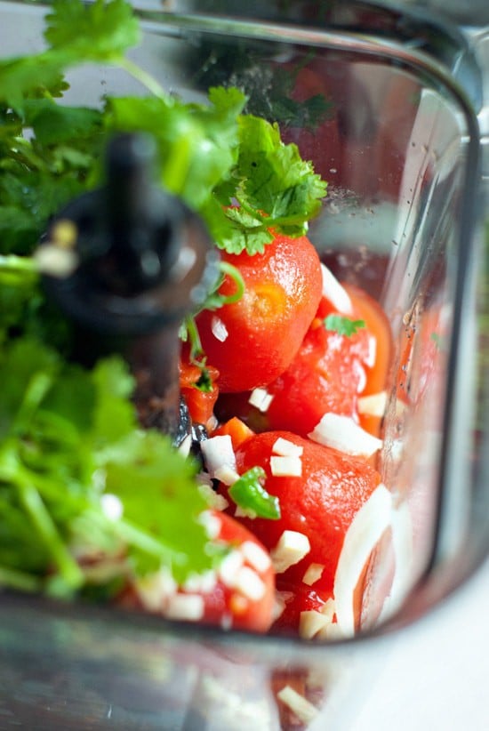 Fresh tomatoes, cilantro, onions and garlic inside of a blender.