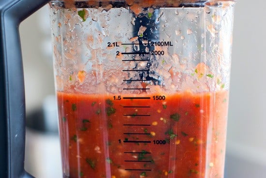 Easy Restaurant Style Salsa inside of a blender.