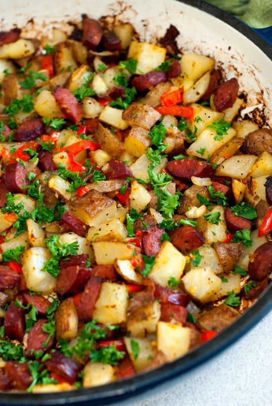 Oven Roasted Potato and Sausage in a skillet.