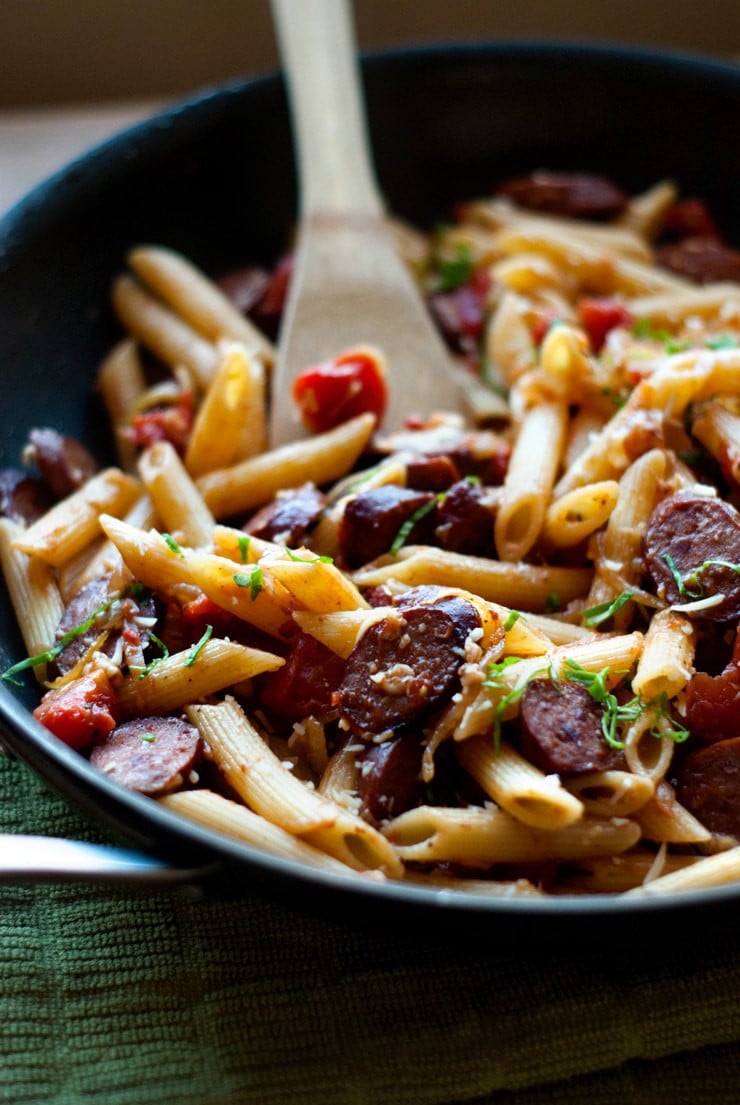 Penne With Smoked Sausage And Caramelized Onions