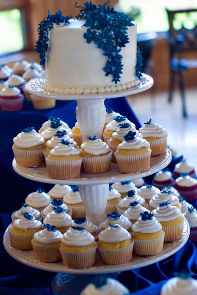 Delicious cake with white frosting and blue flowers surrounded by white cupcakes.