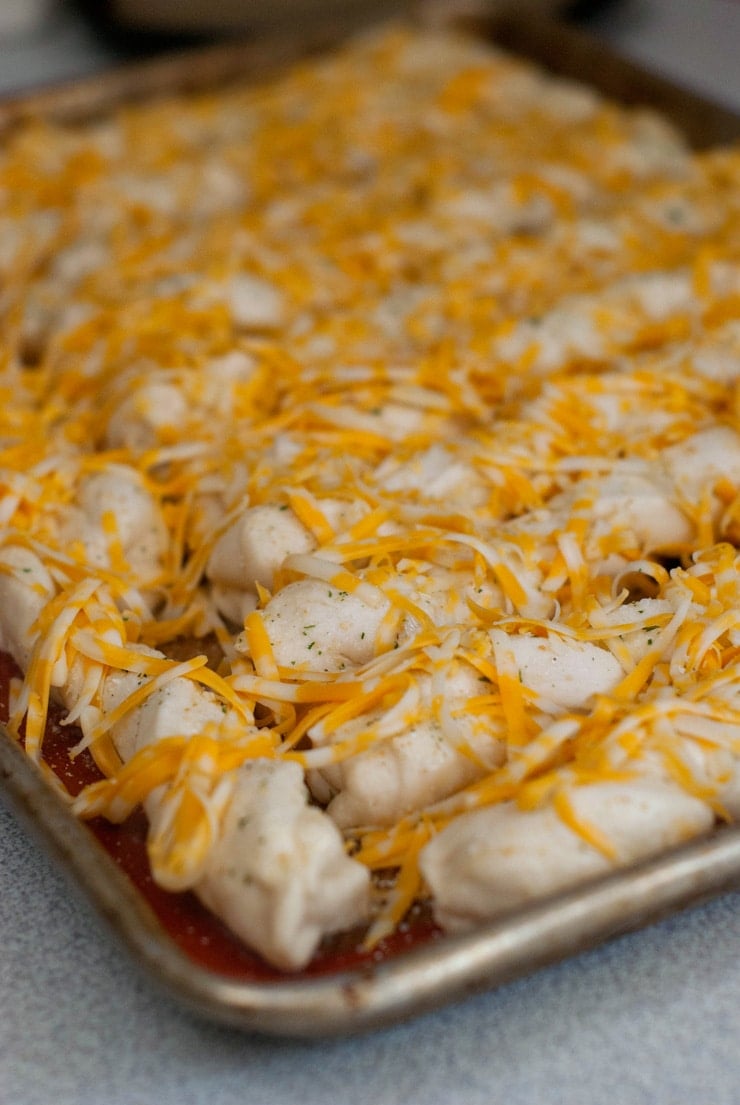 Butter, garlic salt and cheese on bread dough in a baking sheet.