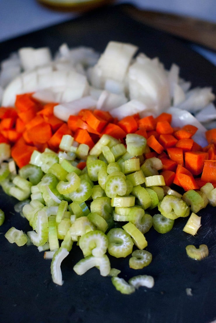 Diced celery carrots and onions for this delicious Slow Cooker Pot Roast.