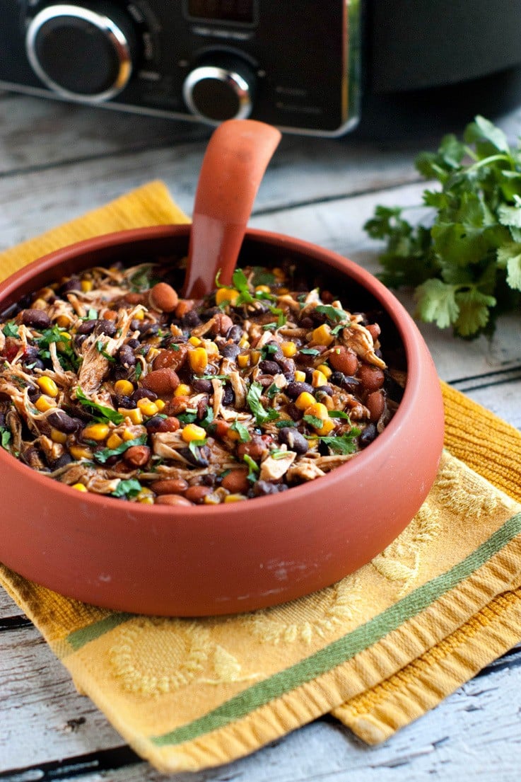 A large spoon in a large bowl of Crock Pot Salsa Chicken Chili.