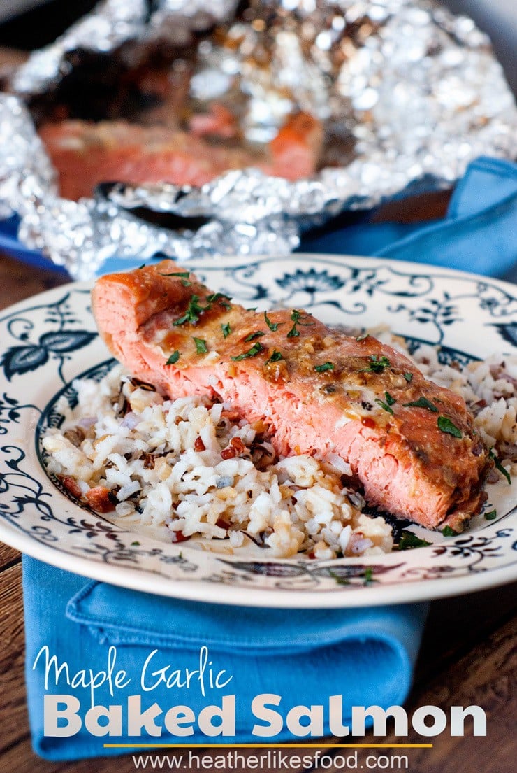 Real Maple Syrup, fresh garlic, and soy sauce make the perfect marinade for this Maple Garlic Baked salmon  It's lightly sweet and caramelizes so well, you'll never eat salmon another way again. ;) 