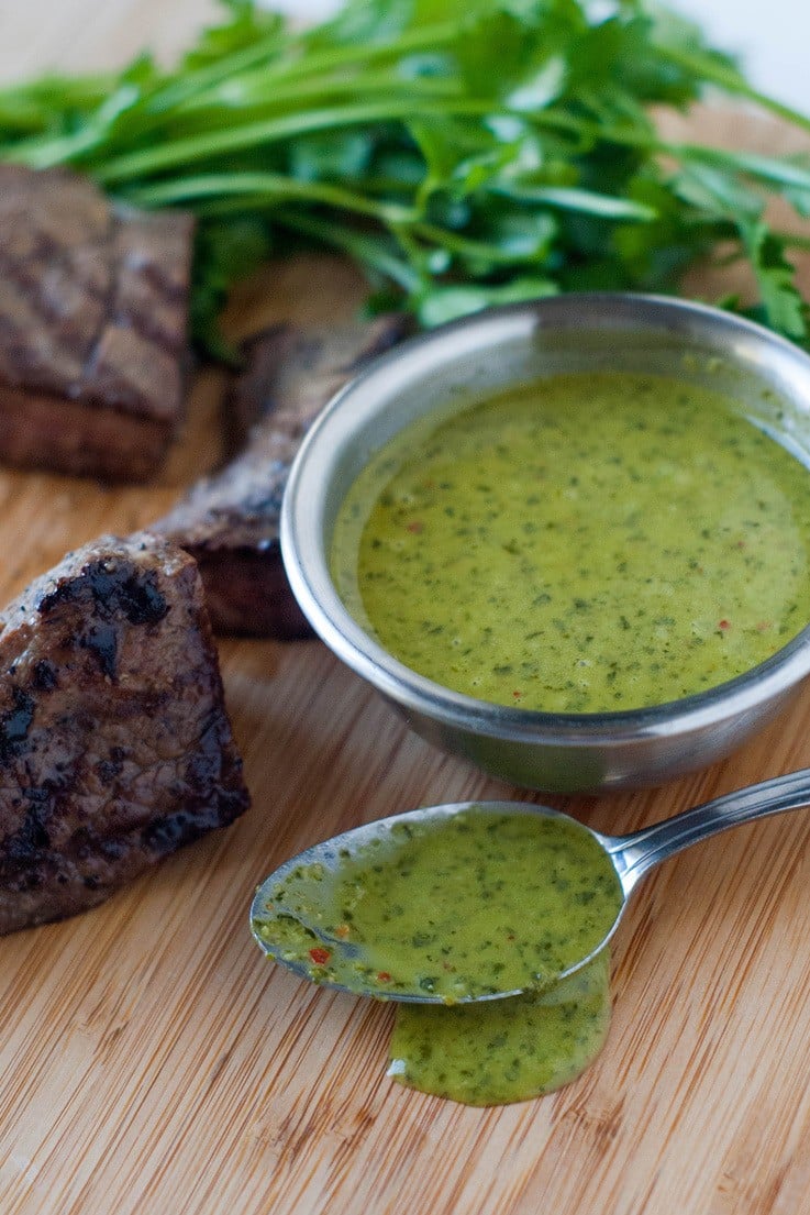 This sauce is awesome on steaks and chicken. Used as a marinade or for dipping, it makes everything taste fresh, bright and like it just came from the garden. A must make! 