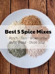 Homemade spice mix recipes for taco, ranch, brown gravy, garlic bread, and onion soup mix. Never buy a packet again!
