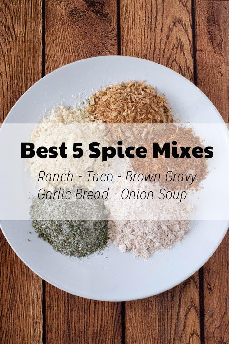 Homemade spice mix recipes for taco, ranch, brown gravy, garlic bread, and onion soup mix. 