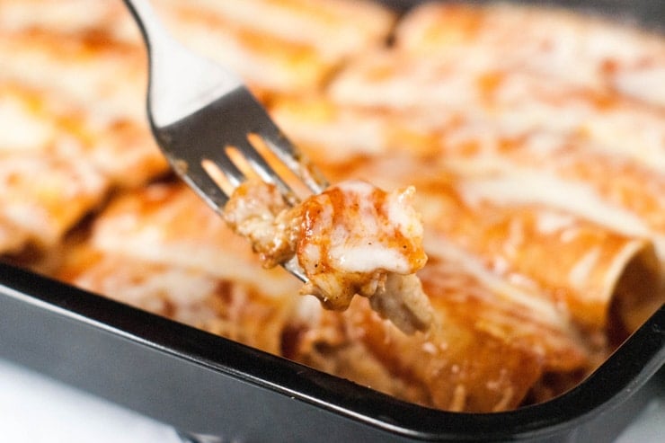 Taco Chicken Enchiladas: Throw some chicken in the slow cooker with some taco seasoning, cook, shred, and roll up in corn tortillas. Top with enchilada sauce and monterrey jack cheese . Makes enchiladas everyone loves!