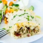Skinny Chicken Bacon and Pesto Lasagna Roll-Ups. These taste much more naughty than they actually are and are a total crowd pleaser every time I make them!