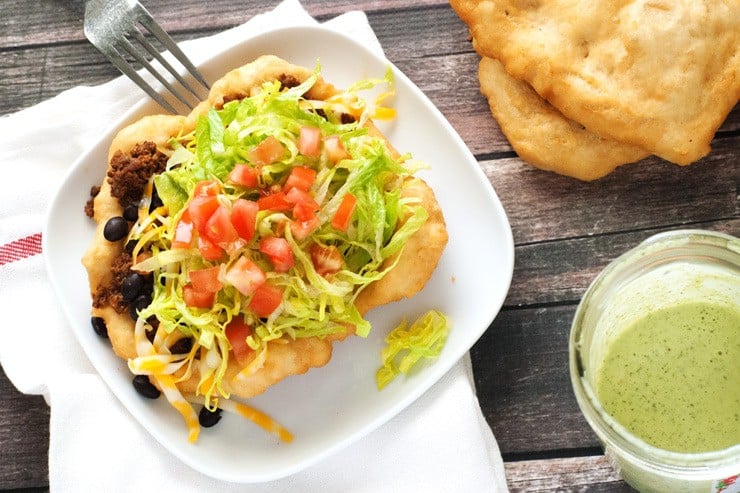 Navajo Tacos on white plate on table