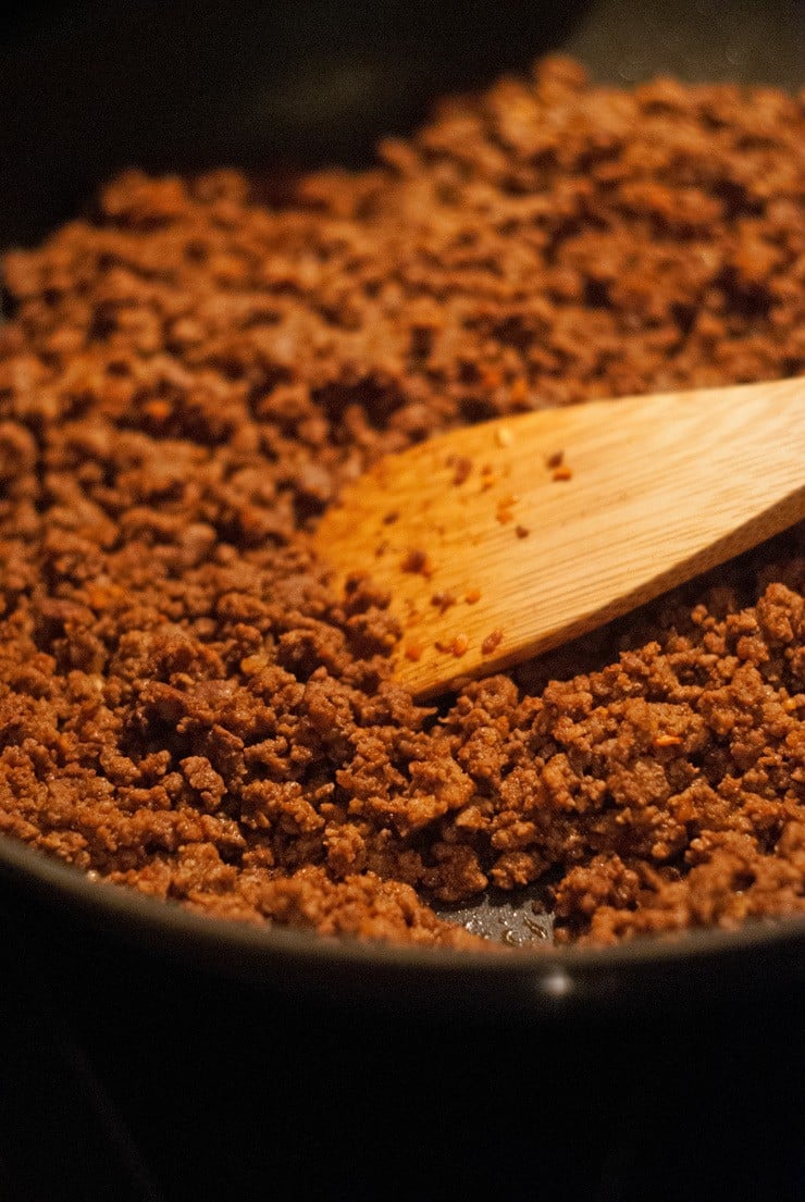 Navajo Tacos meat in cast iron pan