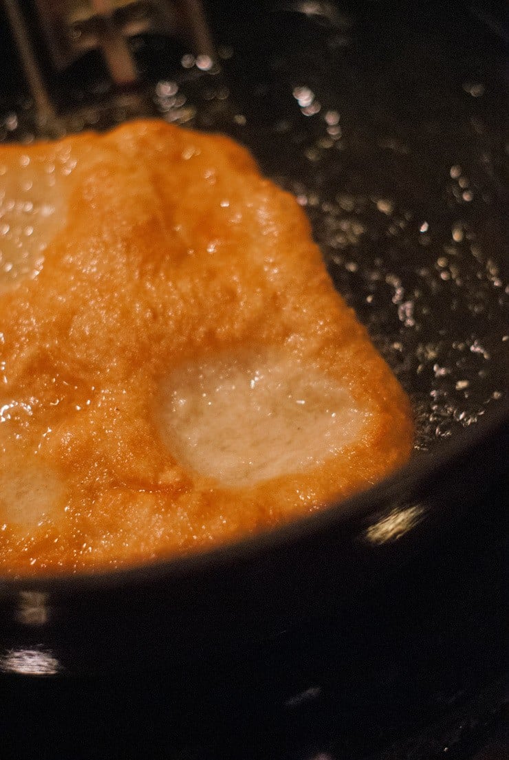 Navajo Tacos dough being fried in shortening