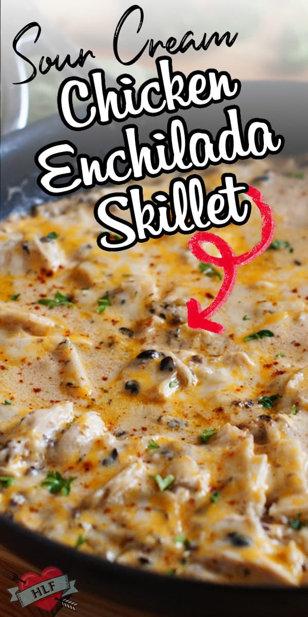 This one pan dinner takes all the flavor of sour cream chicken enchiladas and turns it into an easy skillet that is done in the fraction of the effort and time! Sour cream, chicken, green chiles and plenty of cheese make this recipe great! #enchilada #easydinner #onepan #sourcream #chickendinner via @hlikesfood
