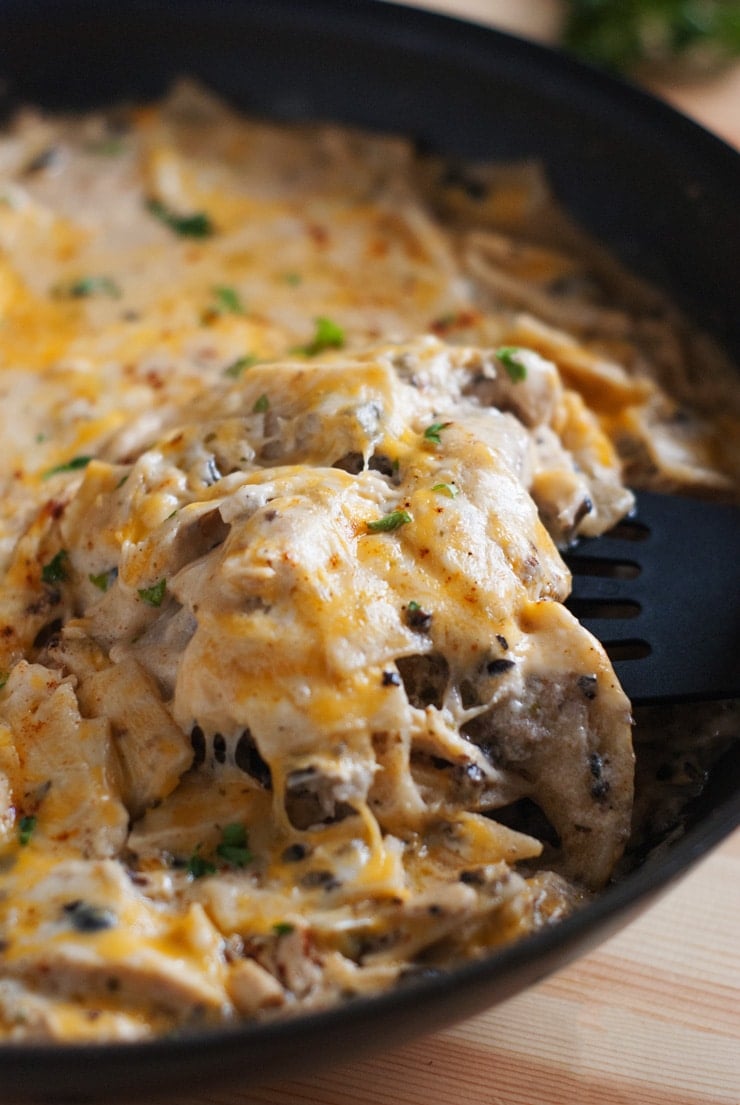 Chicken Enchilada Skillet with Sour Cream Sauce in Non-Stick Pan